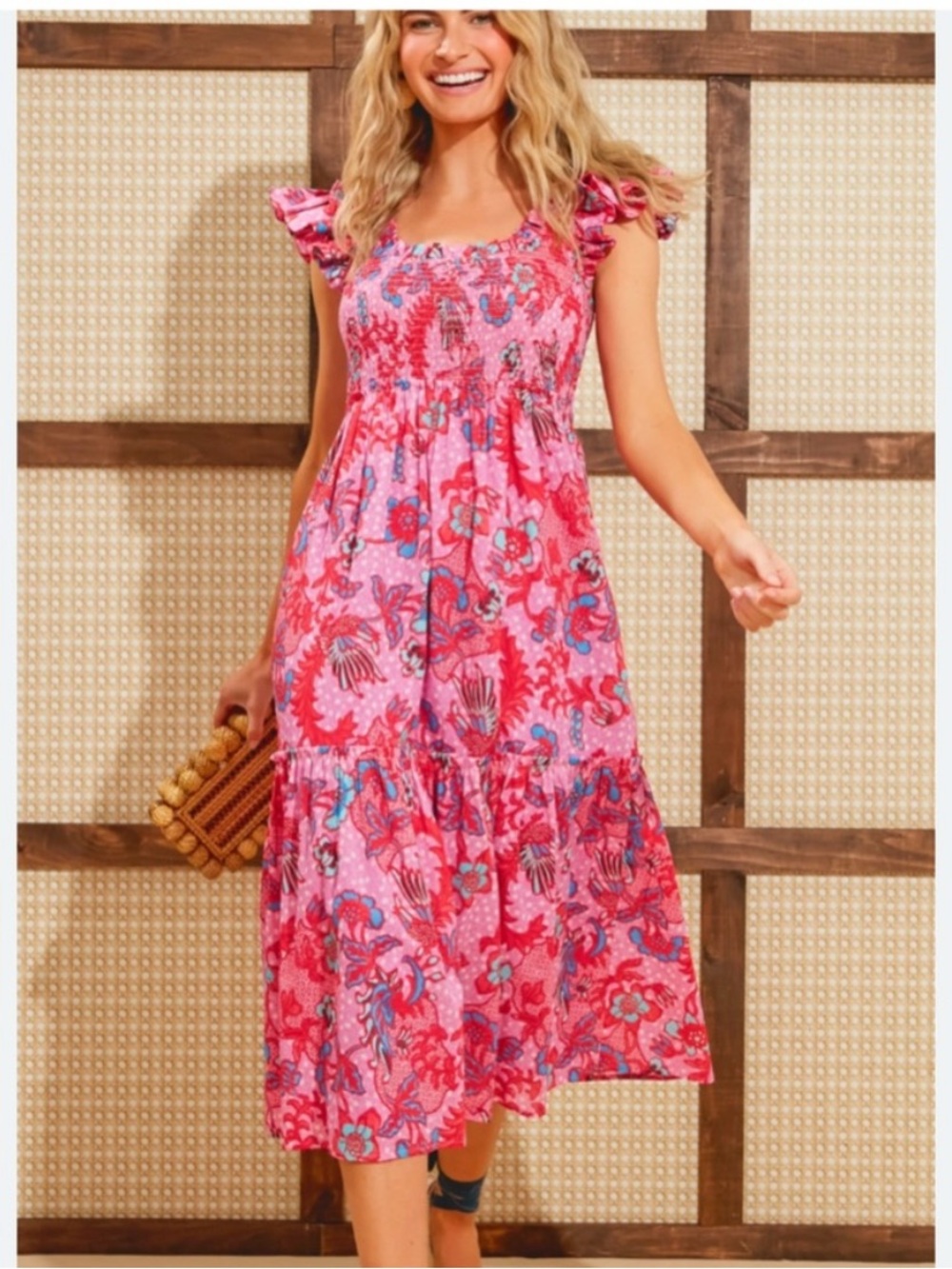 Tuckernuck Smocked Red Floral Mallie Ruffle Bougainvillea Breeze Midi Dress M